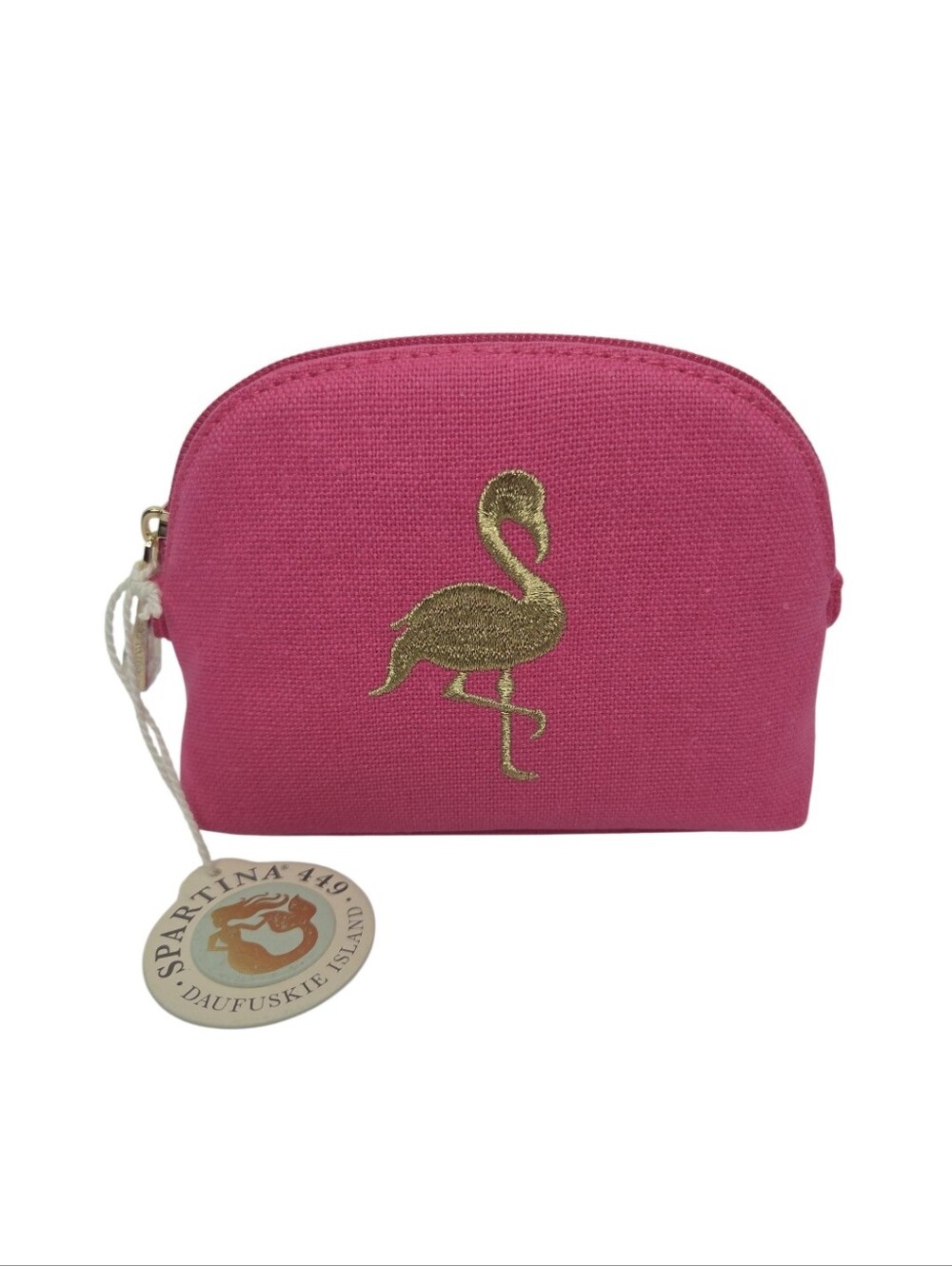 Spartina 449 Small Pink Cosmetic Case Gold Metallic Embroidered Flamingo  NEW